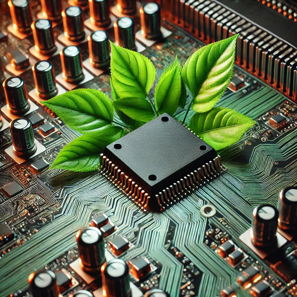 DALL·E 2025-01-08 15.34.28 - A close-up view of a modern electronic circuit board with a central black microchip surrounded by glowing orange connectors and green leaves intertwin