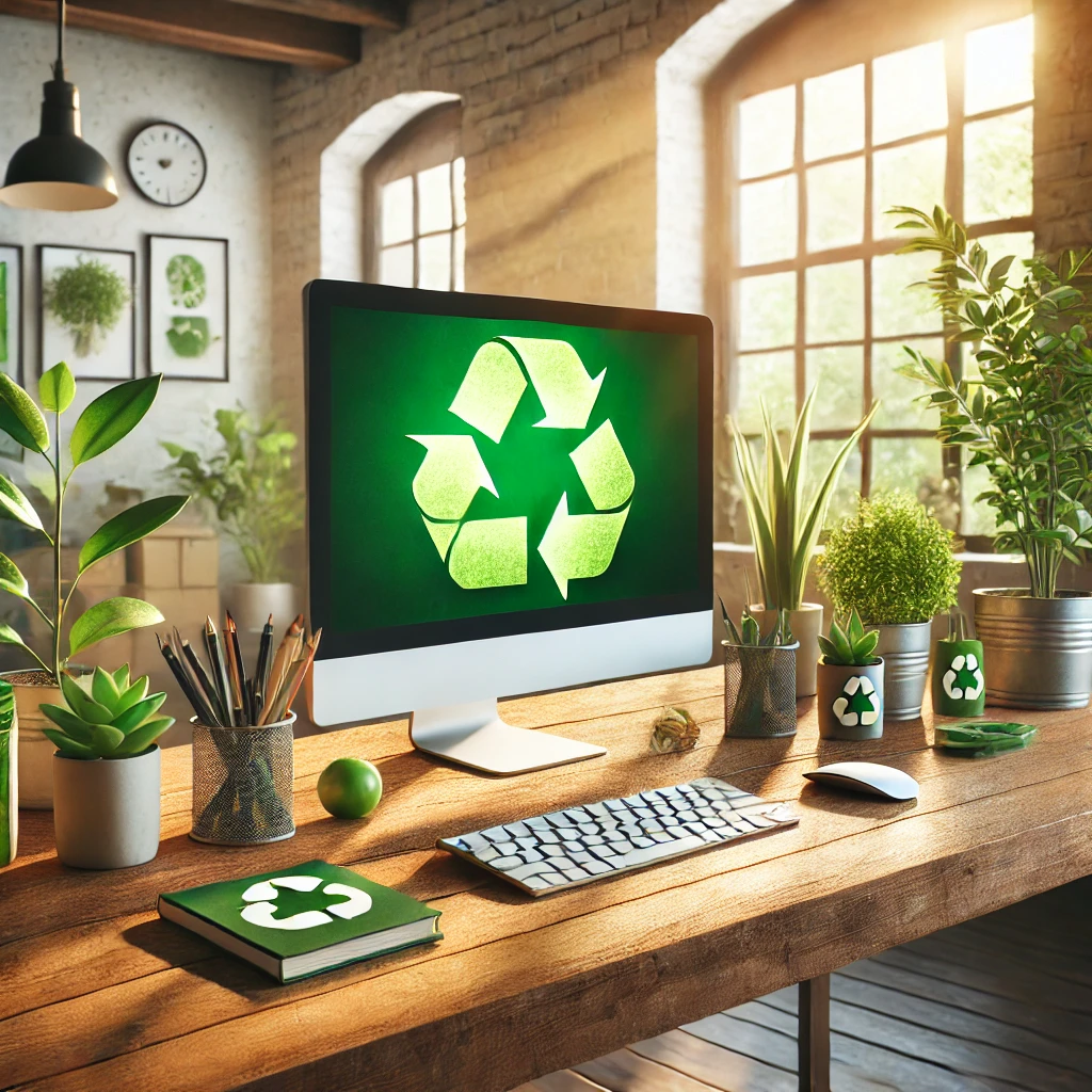 DALL·E 2025-01-09 15.17.00 - A modern, eco-friendly workspace setup with a wooden desk and green plants. The desk features a computer monitor displaying a vibrant green recycling
