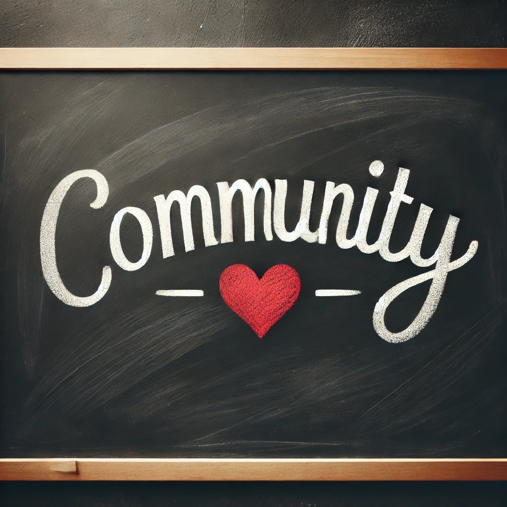 Stustain-01-13 21.06.58 - The word 'COMMUNITY' written in white chalk on a dark blackboard with a minimalist design. The letter 'O' is creatively replaced by a red heart symbol