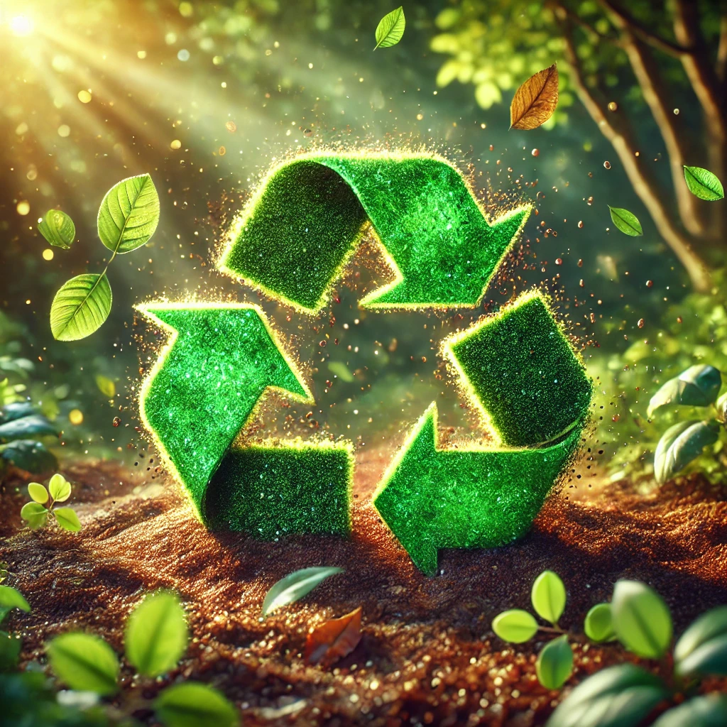 sustain-01-10 16.04.01 - A visually stunning image of a green recycling symbol emerging from rich, moist soil, surrounded by a lush natural environment. The symbol glistens as