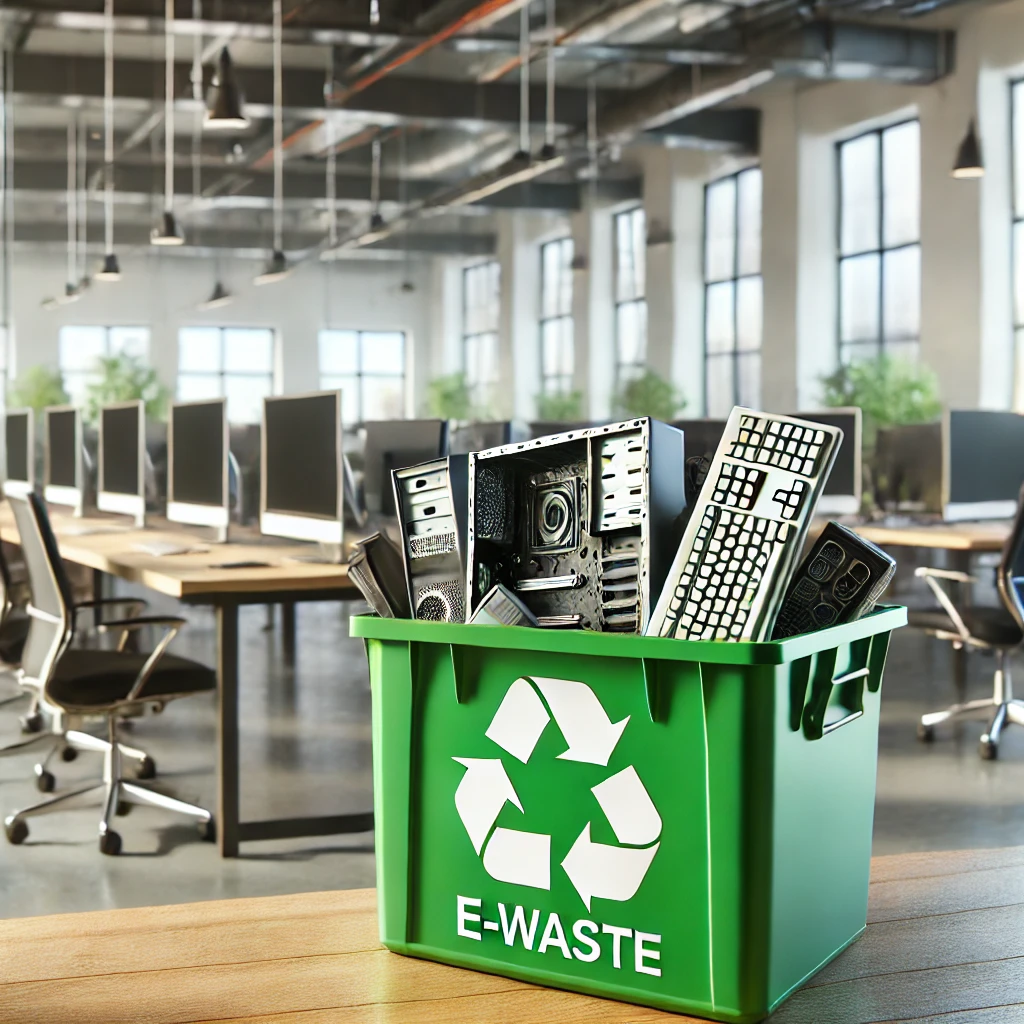 sustain 18.34.37 - An office environment with a green recycling bin labeled 'E-WASTE' in the foreground. The bin contains discarded electronic items such as a desktop co
