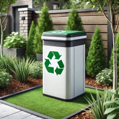 DALL·E 2025-01-09 14.56.59 - A sleek, modern recycling bin placed outdoors in a garden setting. The bin is rectangular with a white and green color scheme, featuring a prominent r