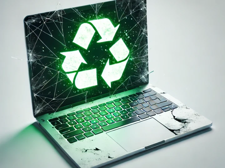 Sustain 2025-01-13 18.33.28 - A creative concept image of a broken laptop with a glowing green recycling symbol on the screen. The laptop appears to be slightly damaged and cracked