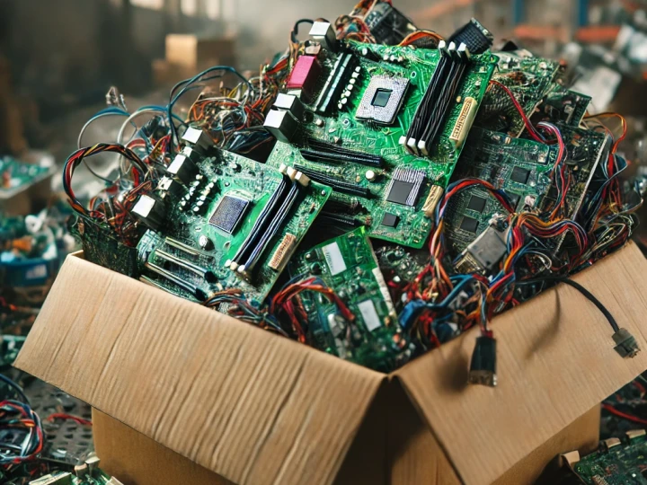 Sustain 2025-01-15 10.49.12 - A large cardboard box filled with assorted electronic circuit boards and wiring for recycling. The image includes a variety of motherboards, green PCB