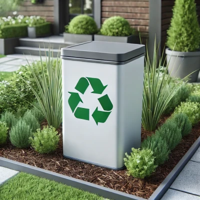 DALL·E 2025-01-09 14.57.54 - A sleek, modern recycling bin placed outdoors in a garden setting. The bin is rectangular with a white and green color scheme, featuring a prominent r
