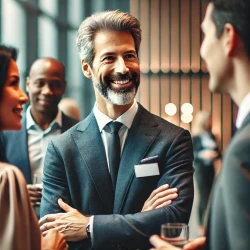 DALL·E 2025-01-10 16.02.57 - A professional networking event with a middle-aged man in a suit smiling and engaging in conversation with two women in a modern, well-lit environment