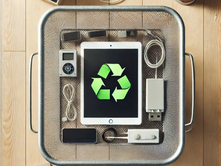 tablets sustain 5-01-15 10.16.34 - An iPad placed inside a wire mesh trash bin, viewed from above, with a focus on electronic recycling. The image includes a recycling symbol on the bin