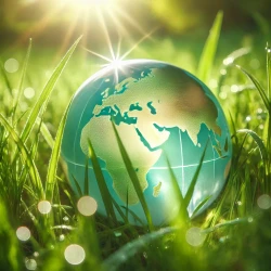 sustain-01-13 18.54.20 - A serene close-up image of a globe resting in lush green grass with sunlight streaming through, symbolizing environmental conservation and sustainabil
