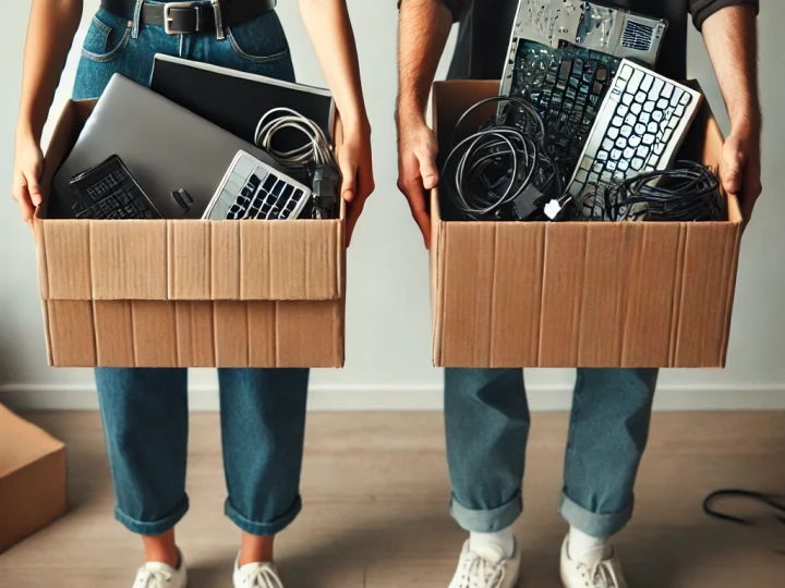 sustain 025-01-15 10.41.17 - Two individuals holding cardboard boxes filled with electronic items for recycling. One box contains laptops and keyboards, while the other is filled