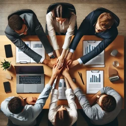 sustain 025-01-13 19.26.44 - A top-down view of a group of four diverse professionals gathered around a wooden table with laptops, documents, and pens, all placing their hands tog