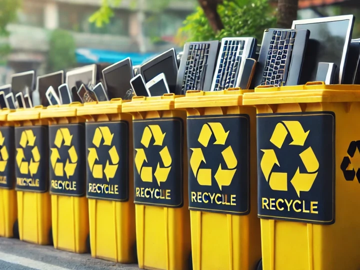 sustain 025-01-10 16.06.17 - A row of bright yellow and black recycling bins neatly lined up on a street, each featuring a bold recycling symbol. The bins are filled with recyclab