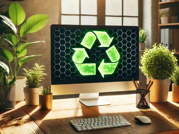 sustain 1-08 15.00.47 - A cozy office desk setup featuring a computer monitor displaying a vibrant green recycling symbol. The desk is adorned with potted plants, creating a