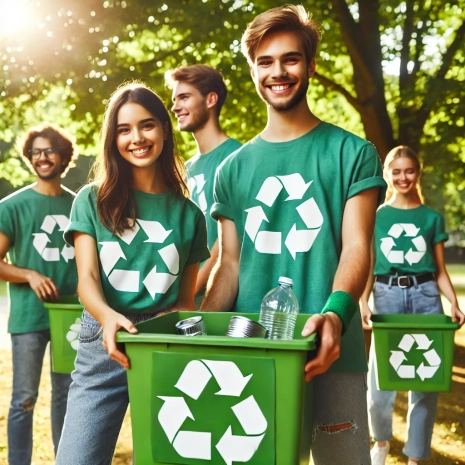 sustain community 01-10 14.39.42 - A cheerful group of young volunteers wearing green t-shirts with recycling symbols, standing outdoors in a park on a sunny day. Two people in the fore
